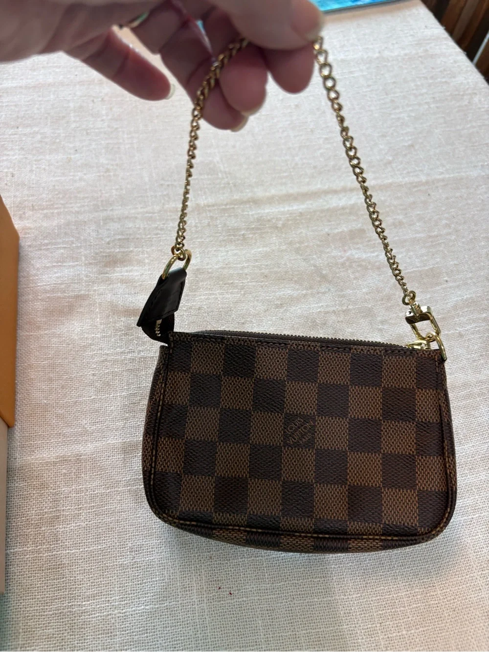 Louis Vuitton Brown Damier Ebene Mini Pochette with Gold Chain